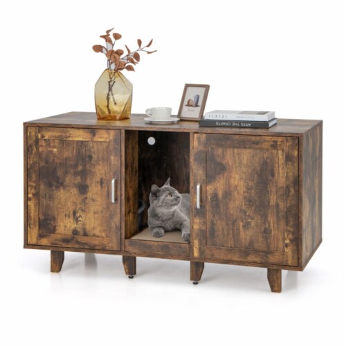 Hivvago 2-Door Cat Litter Box Enclosure with Winding Entry and Scratching Board Perspective: front
