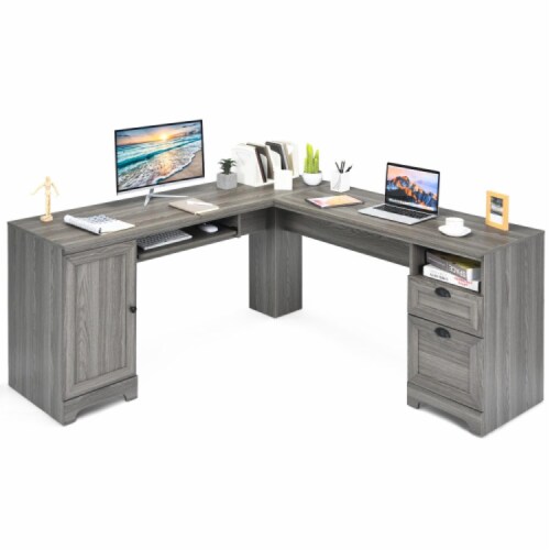 Hivvago 66 Inch L Shaped Writing Study Workstation Computer Desk with Drawers Gray 1 Fred Meyer