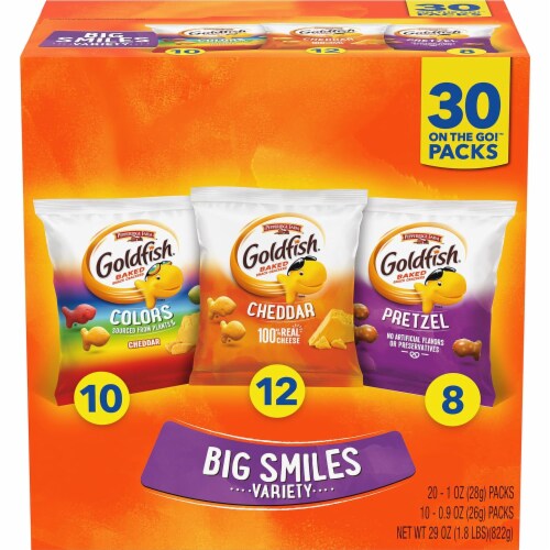 Goldfish Crackers Big Smiles Variety Pack with Cheddar, Colors, and Pretzels, Snack Packs, 30 Perspective: front