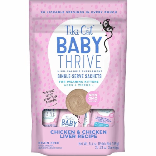 TIKI PETS Tiki Cat Baby Thrive, Chicken & Chicken Liver Mousse, 5.6 oz Pouch (20 Servings) Perspective: front
