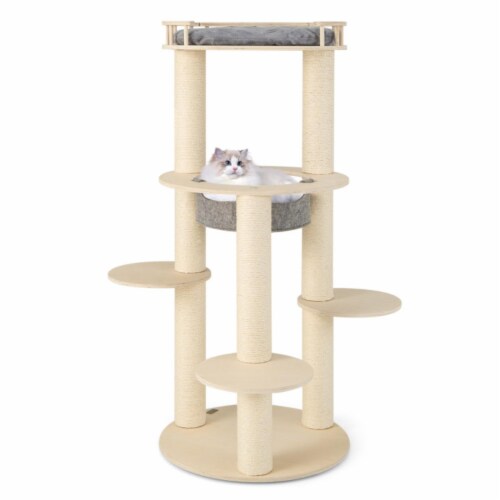 Hivvago 5-level Wooden Cat Tree with Padded Perch Non-woven Hammock-Gray Perspective: front