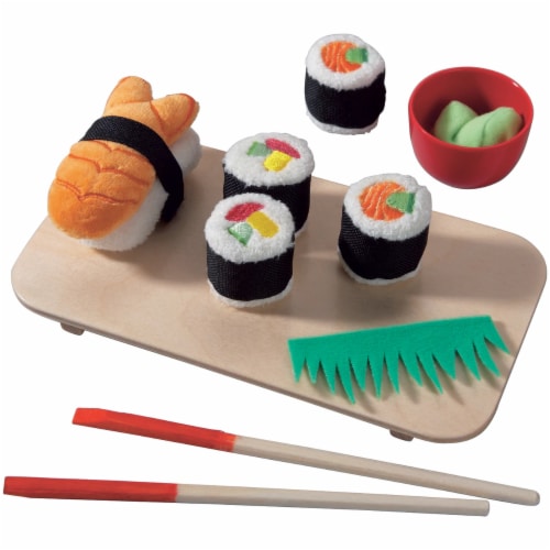 HABA Biofino Sushi Soft Play Food 10 Piece Set with Serving Board and Chopsticks Perspective: front
