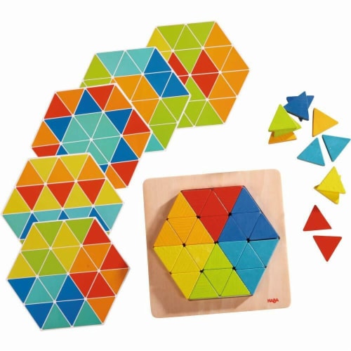 HABA Arranging Game Magical Pyramids - 36 Triangular Wooden Tiles with Templates Perspective: front