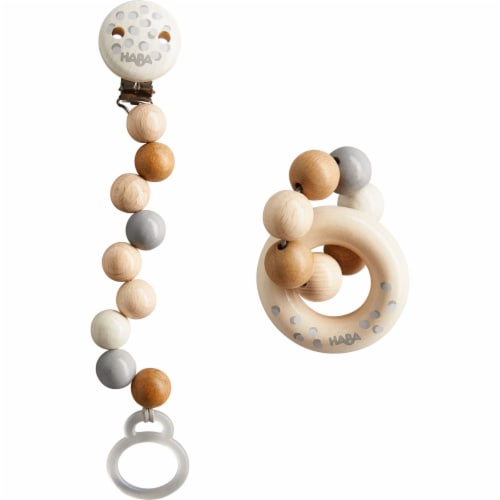 HABA Baby Gift Set Dots with Natural Wood Pacifier Chain and Clutching Toy Perspective: front