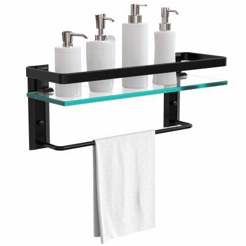 Glass bathroom shelves with towel bar online
