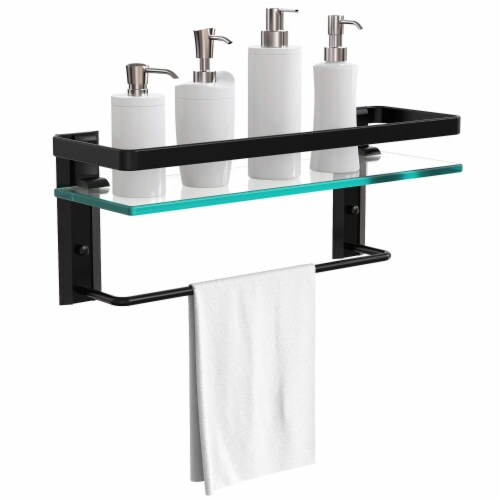 Vdomus Black Tempered Glass Bathroom Shelf w/Towel Bar Wall