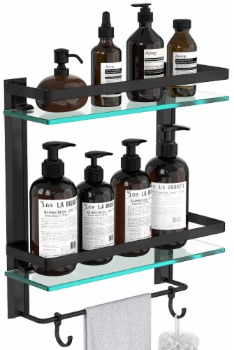 Black Tempered Glass Bathroom Caddy Corner Shelf