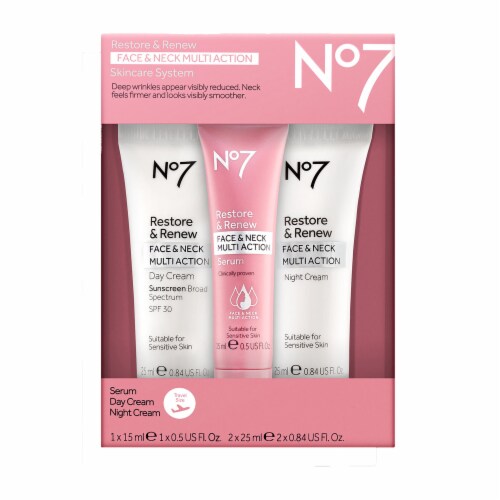 No7 Restore & Renew Face & Neck Multi Action Travel Size Skincare Kit Perspective: front