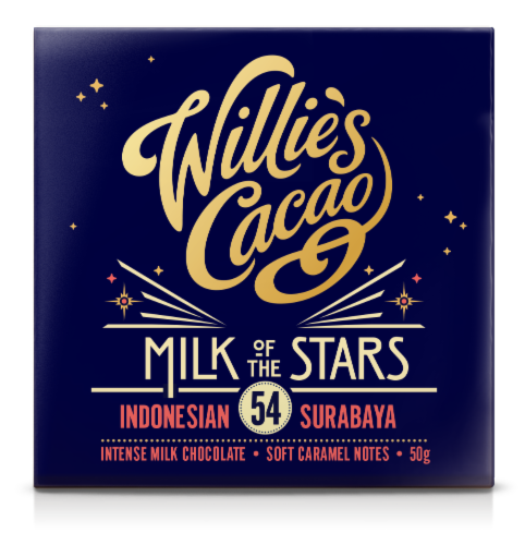 Willie's Cacao Milk of the Stars Indonesian Surabaya Intense Milk Chocolate Bar Perspective: front