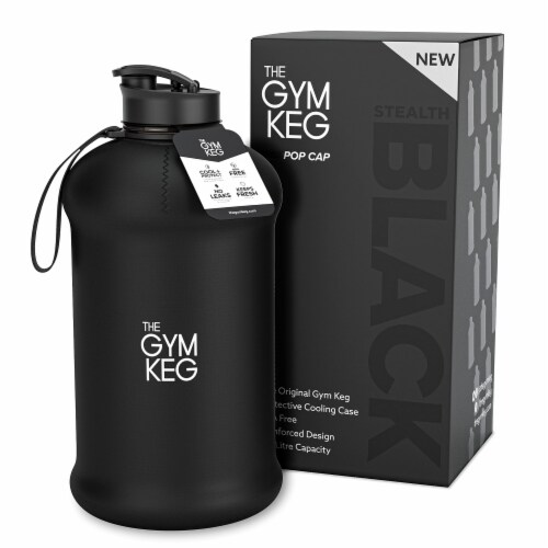 THE GYM KEG Stealth Black 74oz Water Bottle | Half Gallon | Carry Handle Perspective: front