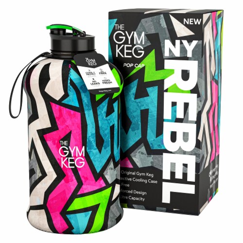THE GYM KEG NY Rebel Sports Water Bottle | Half Gallon | Carry Handle | Big Jug Perspective: front
