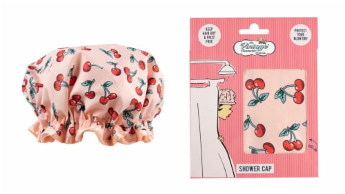 The Vintage Cosmetic Company Pink & Red Cherry Print Shower Cap Perspective: front