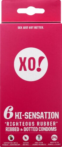 XO! Righteous Rubber Hi-Sensation Ribbed + Dotted Condoms Perspective: front