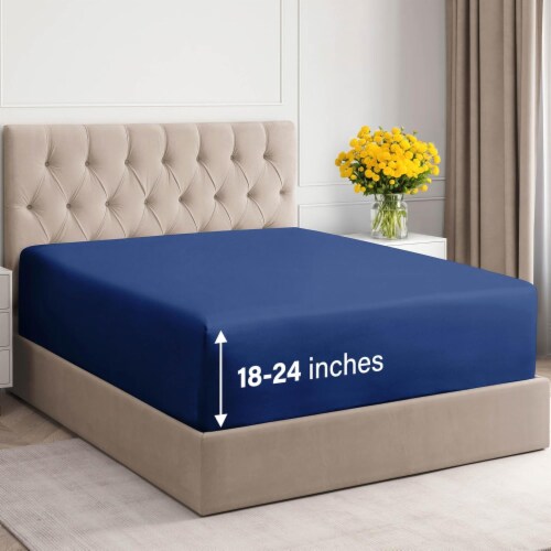 CGK Linens 21 Inch 400 Thread Count 100% Cotton Full Size Fitted Sheet - Navy Blue Perspective: front