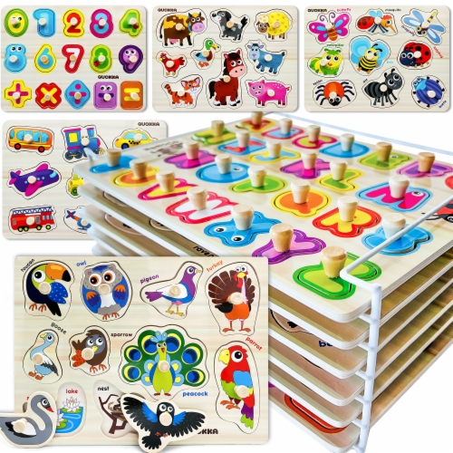 Quokka 6Set Wooden Puzzles for Toddlers 1 3 with Rack Alphabet Numbers and Animals 6 pack Fred Meyer