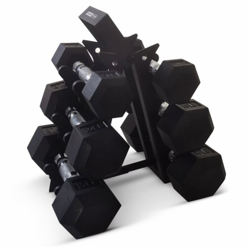 HolaHatha Hexagonal Dumbbell Free Hand Weight Set w Rack 5 10 15 Lbs Black 1 Piece Harris Teeter