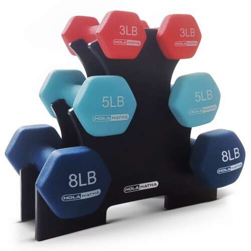 HolaHatha 3 5 and 8 Pound Dumbbell Hand Weight Set with Storage