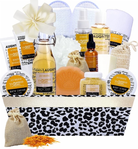Spa Gift Basket for Women and Men! Mango Melon & Sweet Orange Essential Oils Spa Bath Set Perspective: front
