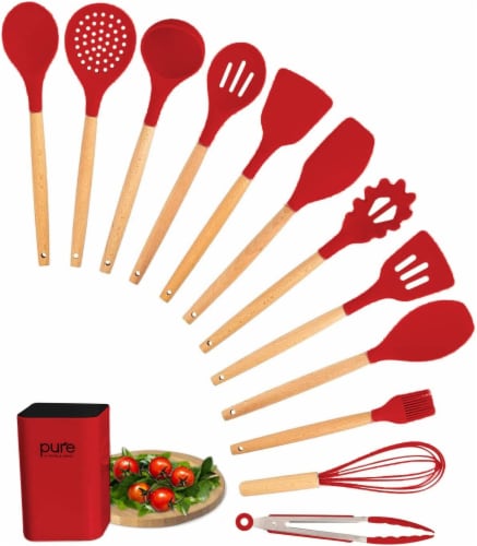 Kitchen Silicone Cooking Utensil 13-Piece Set with Stand, Wood