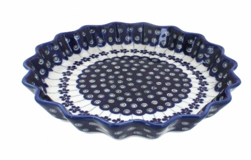 Blue Rose Polish Pottery Flowering Peacock Quiche Dish Perspective: front