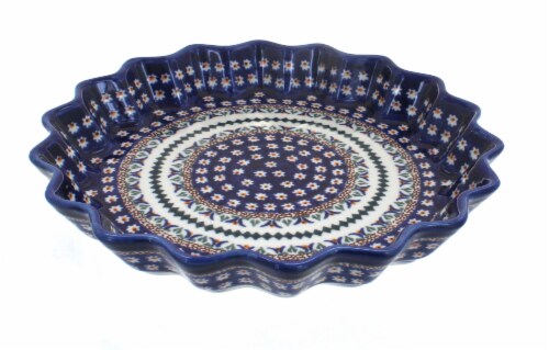 Blue Rose Polish Pottery Daisy Fluted Quiche Dish Perspective: front