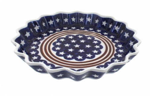 Blue Rose Polish Pottery Stars & Stripes Quiche Dish Perspective: front
