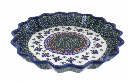 Blue Rose Polish Pottery Mosaic Flower Quiche Dish Perspective: front