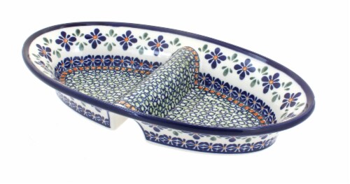 Blue Rose Polish Pottery Mosaic Flower Divided Dish Perspective: front