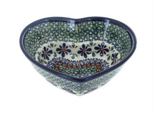 Blue Rose Polish Pottery Mosaic Flower Small Heart Bowl Perspective: front