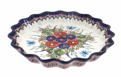 Blue Rose Polish Pottery Floral Butterfly Quiche Dish Perspective: front