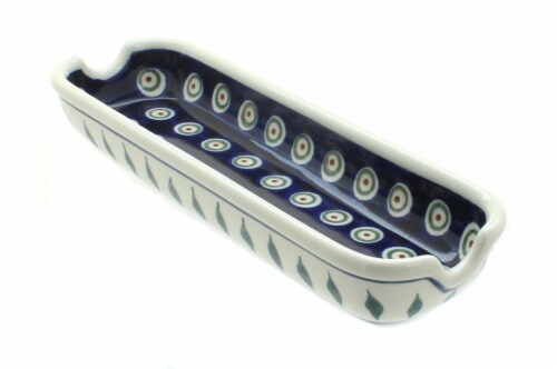 Blue Rose Polish Pottery Peacock Corn on the Cob Plate Perspective: front
