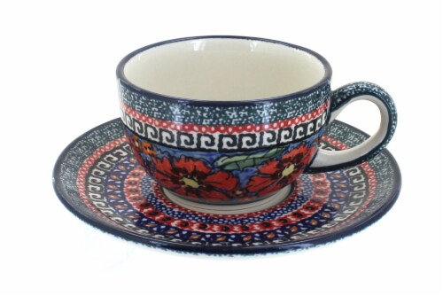 Blue Rose Polish Pottery Jungle Flower Cup & Saucer Perspective: front