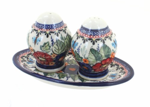 Blue Rose Polish Pottery Floral Butterfly Salt & Pepper Shakers with Dish Perspective: front