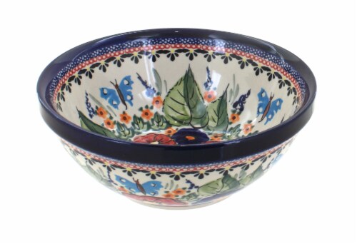 Blue Rose Polish Pottery Floral Butterfly Small Serving Bowl Perspective: front