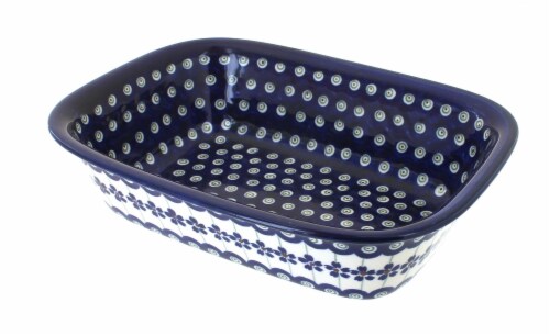 Blue Rose Polish Pottery Flowering Peacock Loaf Baker Perspective: front