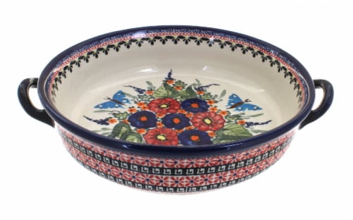 Blue Rose Polish Pottery Floral Butterfly Round Casserole with Handles Perspective: front