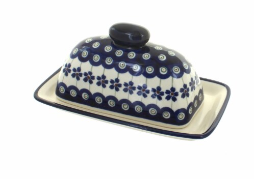 Blue Rose Polish Pottery Flowering Peacock Butter Dish Perspective: front