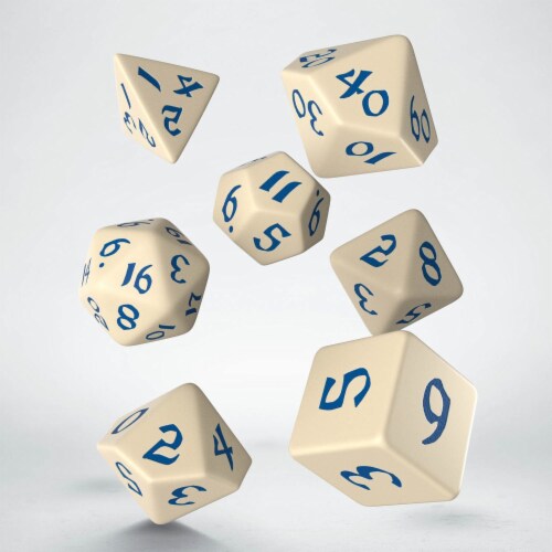 Q-Workshop Classic Runic Beige & Blue Roleplaying 7 Piece Dice Set Perspective: front