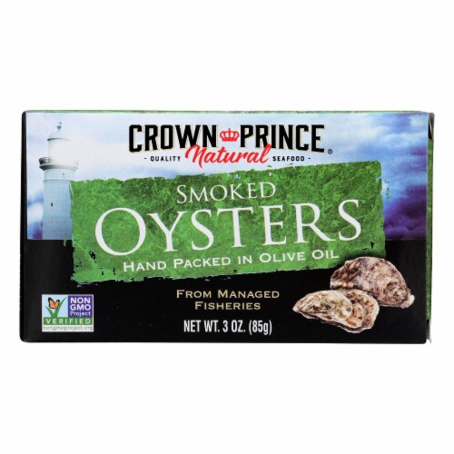 Crown Prince Oysters - Naturally Smoked in Pure Olive Oil - 3 oz - case of 18 Perspective: front