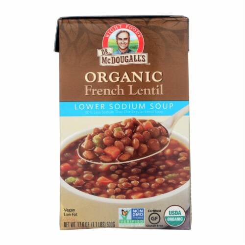 Dr. McDougall's Organic French Lentil Lower Sodium Soup - Case of 6 - 17.6 oz. Perspective: front