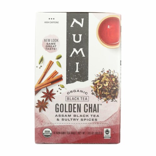 Numi Golden Chai Spiced Assam Black Tea - 18 Tea Bags - Case of 6 Perspective: front