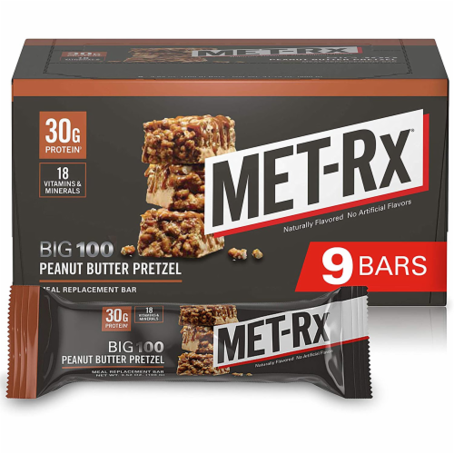 MET-Rx Big 100 Colossal Protein Bars, Peanut Butter Pretzel, Meal Replacement, 100g, 9 Count Perspective: front