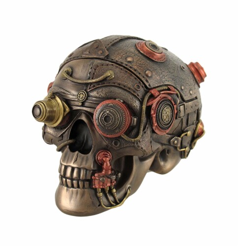 Veronese Design - Bronze Finish Leather Look Gearhead Steampunk Skull Trinket/Stash Box Perspective: front