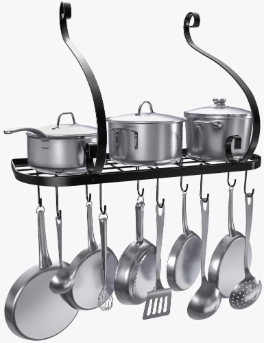 Vdomus Black 24x10 Wall Mounted Pot & Pan Rack, 10 Hooks Incl. Perspective: front