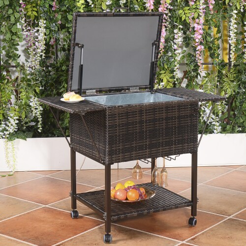 Portable Rattan Cooler Cart Trolley Outdoor Patio Pool Party Ice