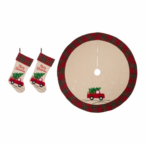 Glitzhome Embroidered Truck & Tree Linen Christmas Stockings Perspective: front