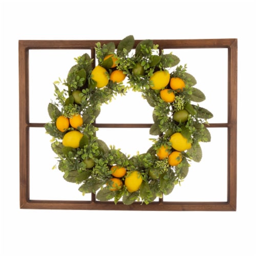 Glitzhome Wooden Window Frame with Greenery Lemmon Wreath Perspective: front