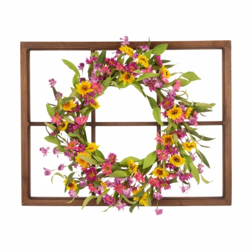 Glitzhome Wooden Window Frame with Artificial Chrysanthemum Wreath Perspective: front