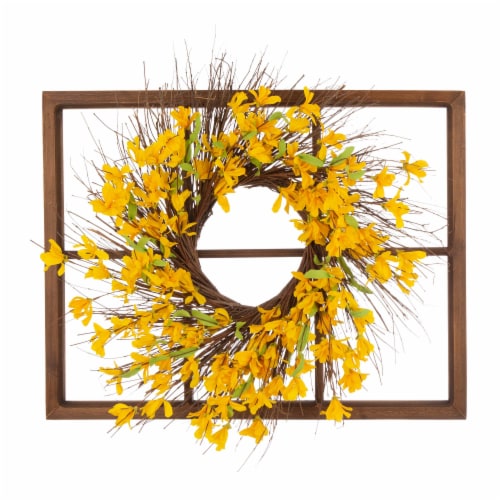 Glitzhome Wooden Window Frame With Artificial Winter Jasmine Wreath Perspective: front