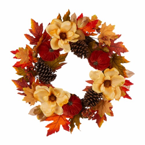 Glitzhome Blooming Magnolia Wreath with Velvet Pumpkin & Pinecone Perspective: front